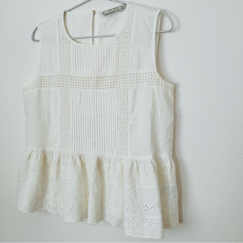 Zara Lace Crew Neck Tank Top Blouse Crochet Boho sleeveless Eyelet - Picture 6 of 6